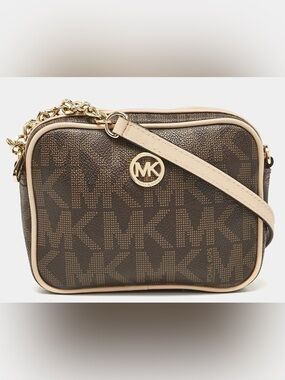 Michael Kors Brown Logo Crossbody with Cream Trim and Gold Hardware